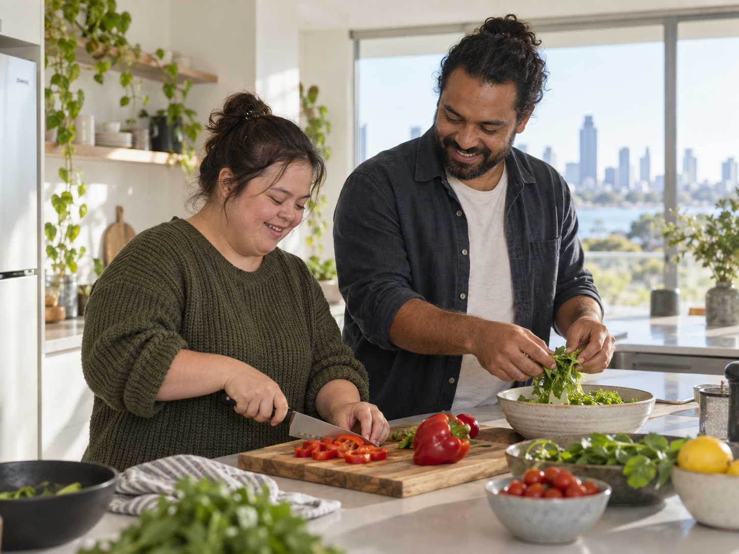 Two people preparing food together in a home kitchen